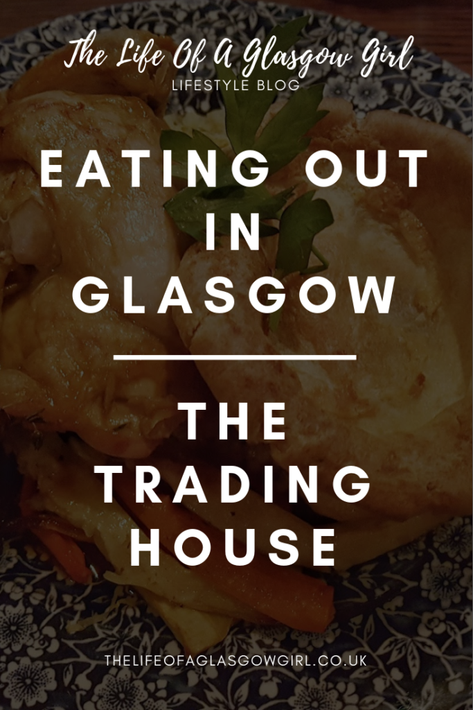 Pinterest Graphic Pinterest graphic for blog post - The Trading House Glasgow. Close up photo of a roast dinner on a blue plate. There is chicken, yorkshire pudding and mash potatoes