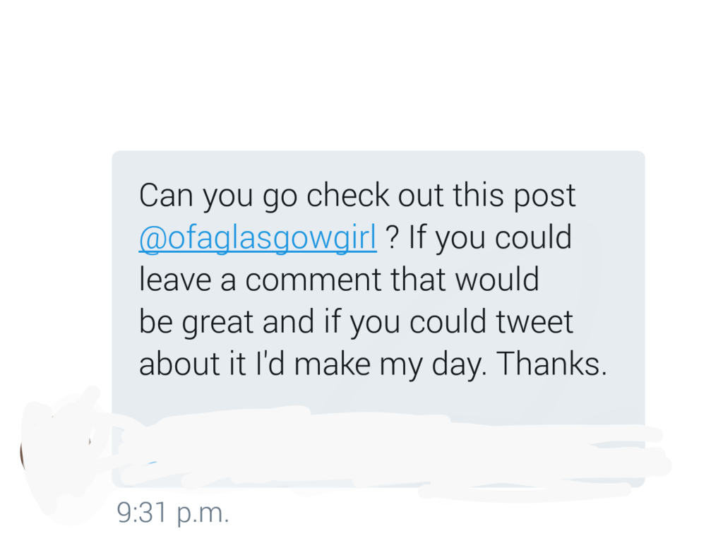 Screenshot of a message on Twitter that Ofaglasgowgirl received from another blogger asking her to read, comment and share a post