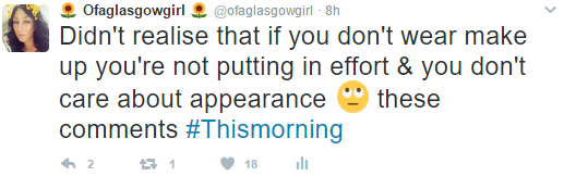 A screenshot of a tweet from ofaglasgowgirl that reads "Didn't realise that if you don't wear make-up you're not putting in effort & you don't care about appearance. These comments! #Thismorning