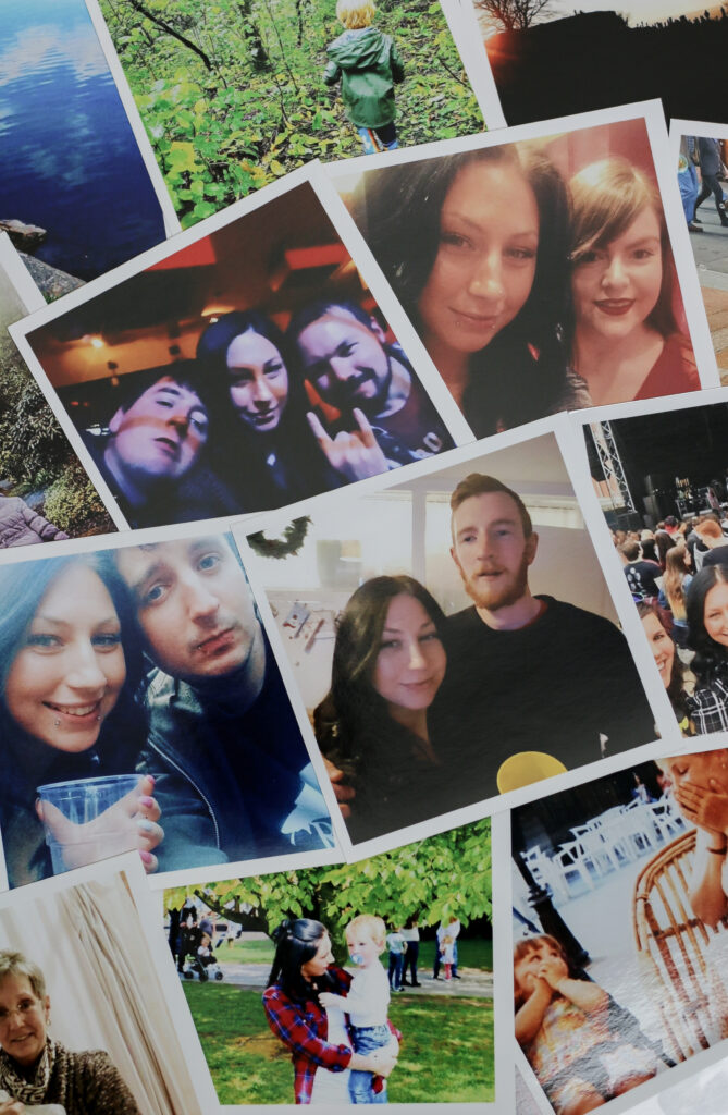 A flatlay photo of multiple photo prints of Ofaglasgowgirl family from Printiki