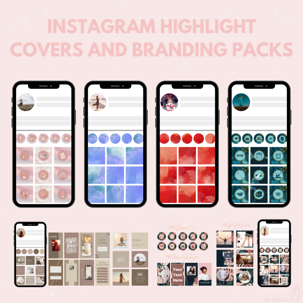 Instagram Tips and Tricks Graphic showing Instagram branding packs and highlight covers from gumroad.com/jordanneleecreative