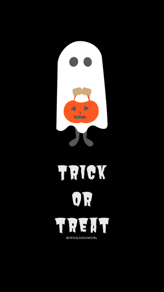 Black graphic with white ghost and white text reading "trick or treat"