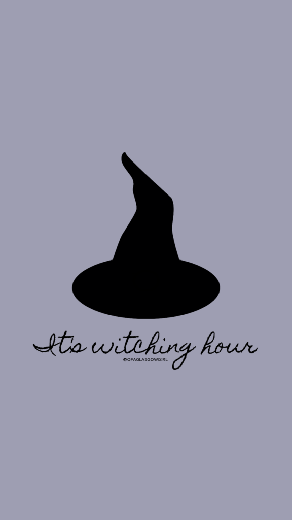 Light grey graphic with black witches hate and black writing reading "It's witching hour"