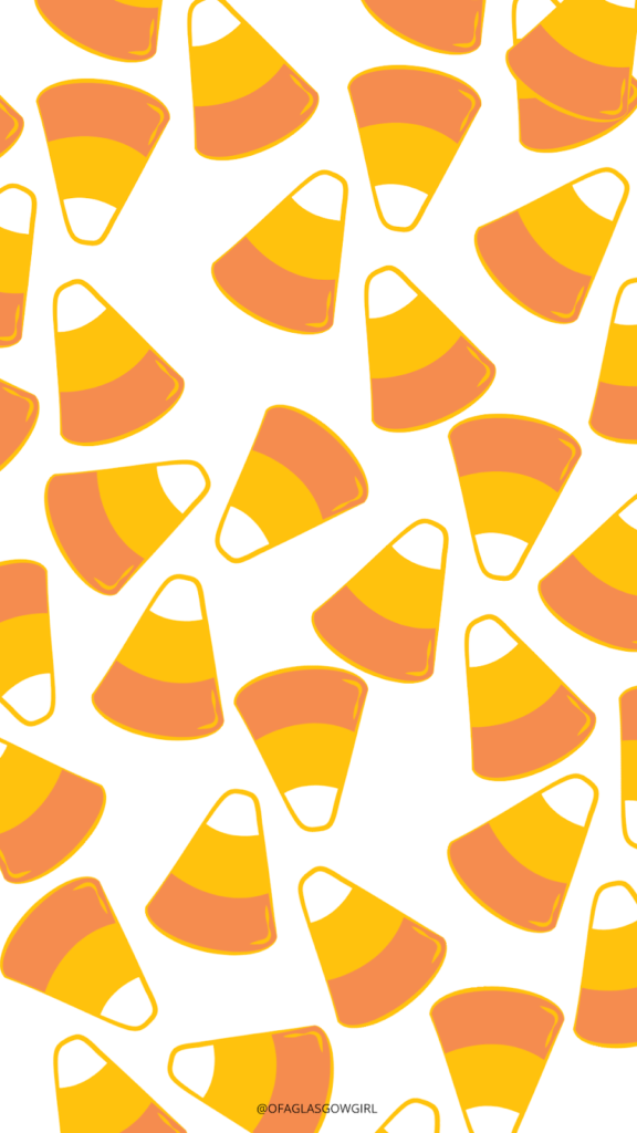 White graphic with orange and yellow candy corn pattern