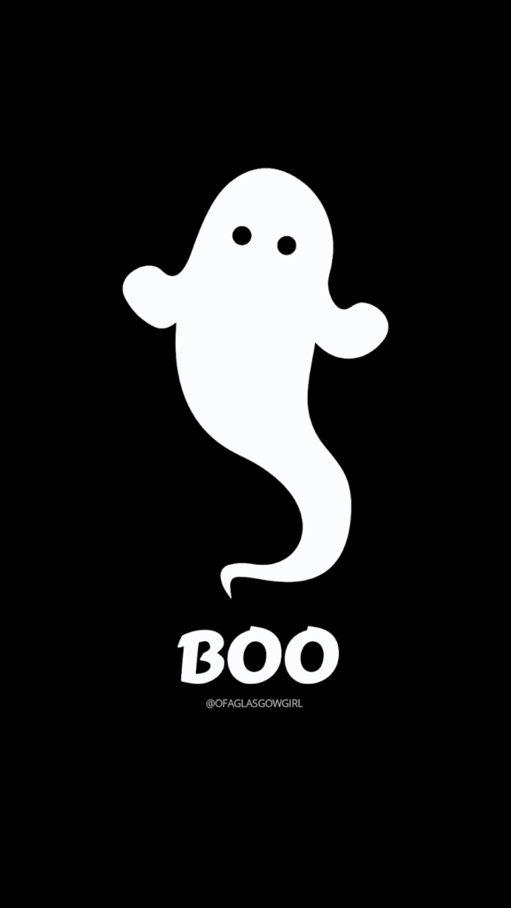 Black Graphic with white ghost and white text reading "Boo"