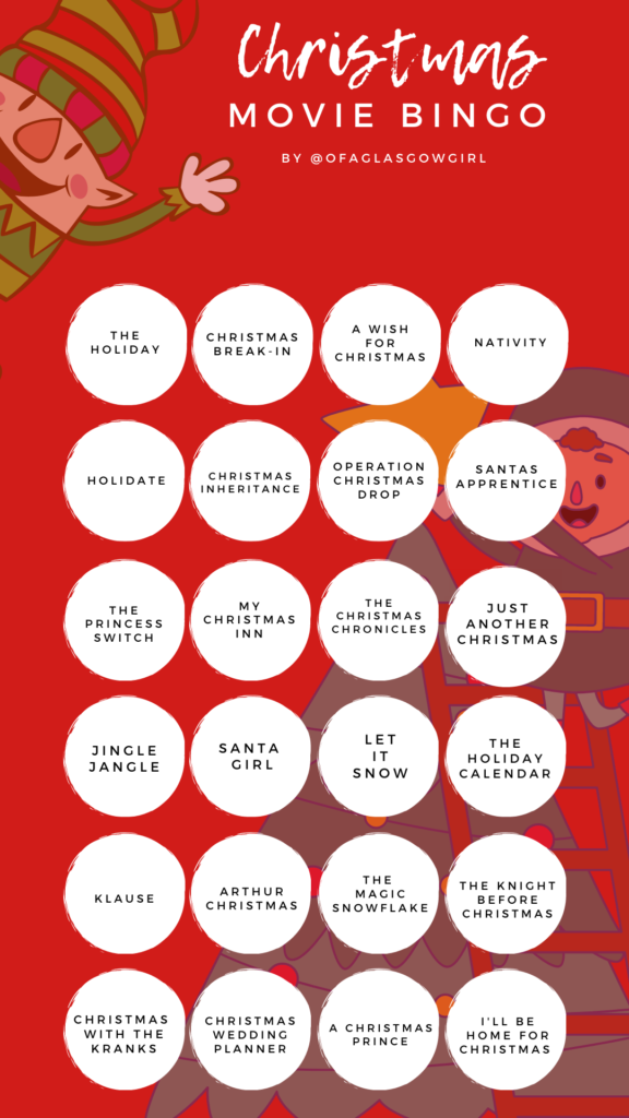 Christmas Movie bingo - Christmas movies and shows available on Netflix UK 2020.