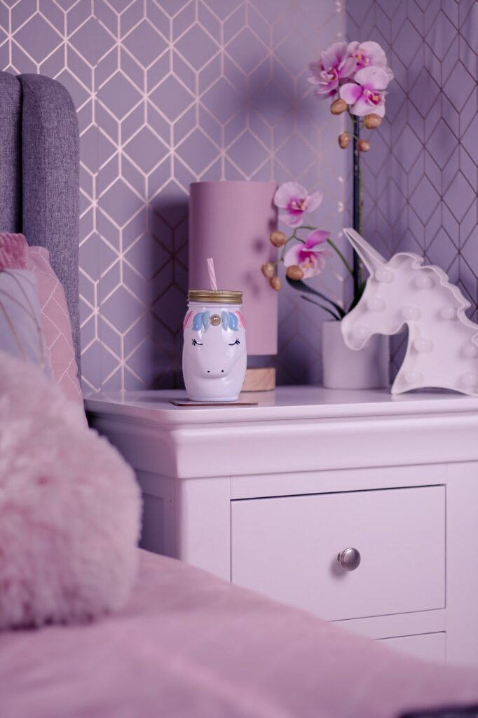 Photo by Ofaglasgowgirl of a unicorn mug on a white set of bedside drawers