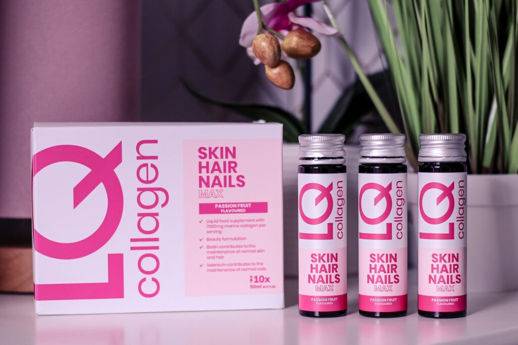 Mid sot of three LQ Skin Hair Nails Max 50ml bottles and the packaging box