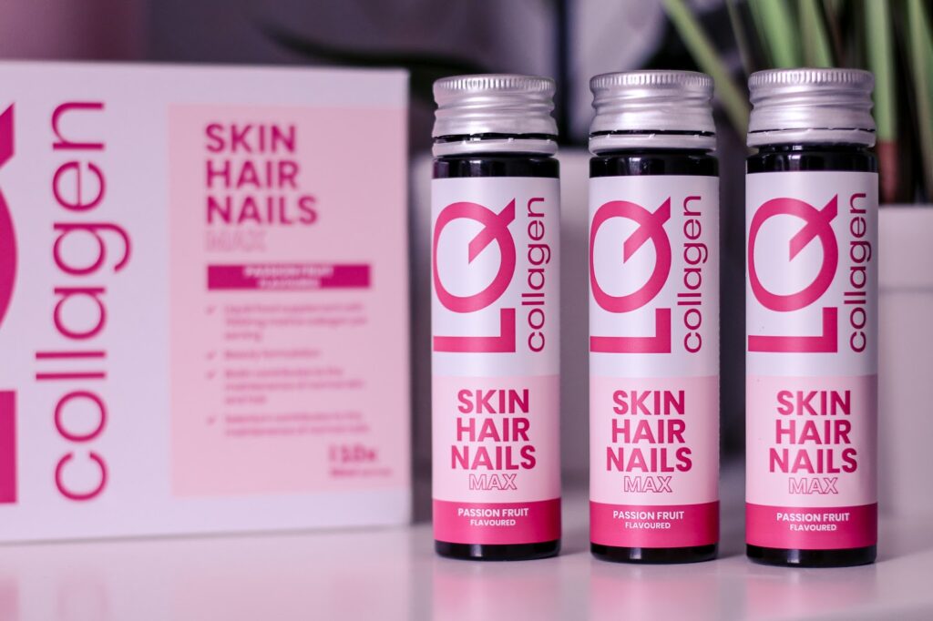 Close up photo of three LQ Skin Hair Nails Max 50ml bottles