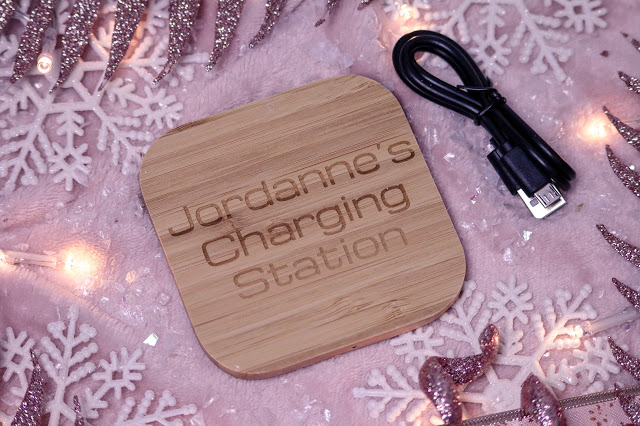 Birds eye view of Always Personal bamboo phone charging pad