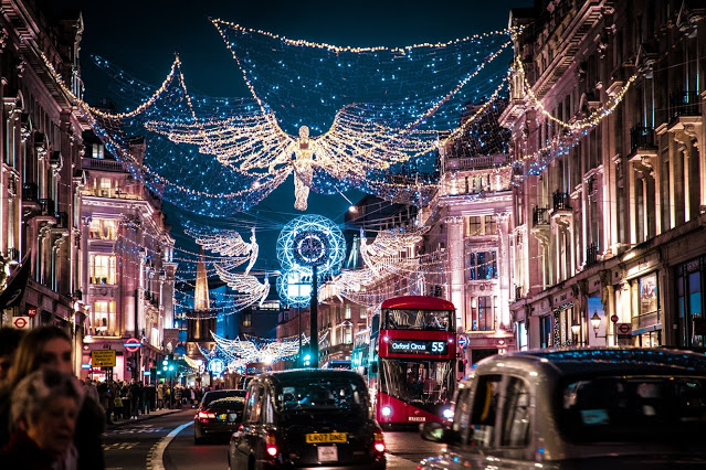 Stock photo of a village decorated for Christmas