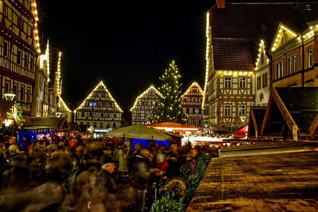 Stock photo of a village decorated for Christmas