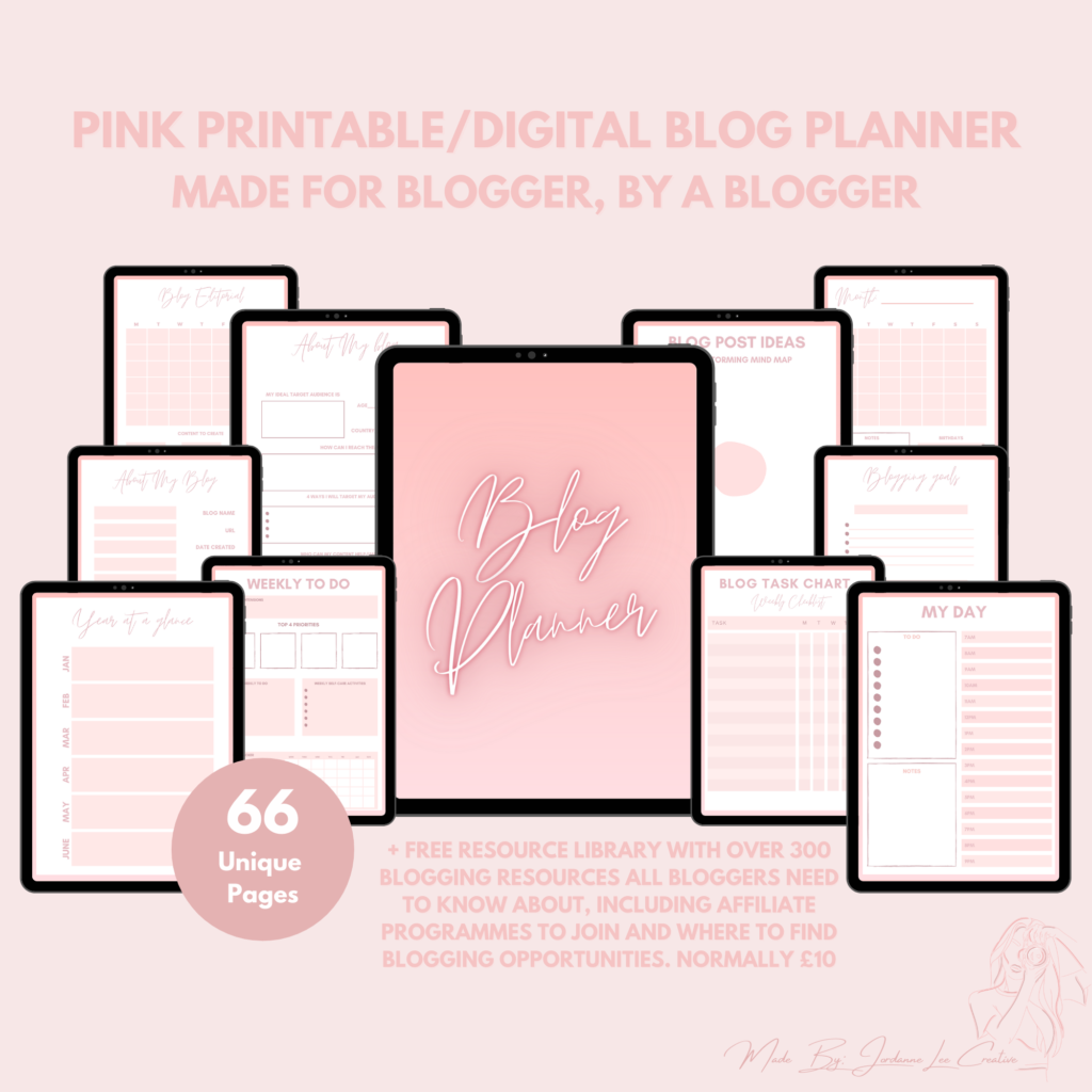 A pink graphic showing a preview of Jordanneleecreative pink printable or digital blog planner