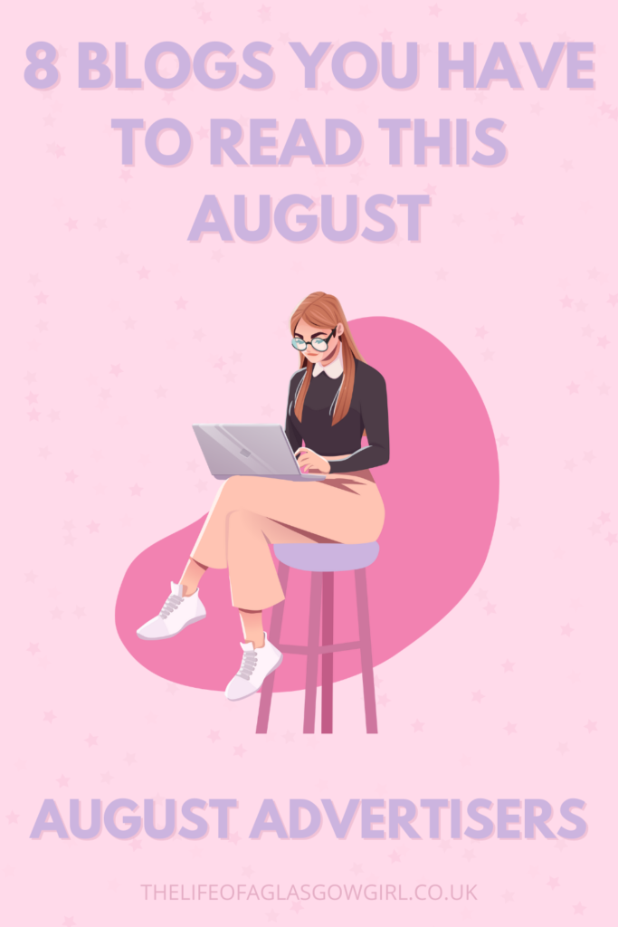 8 Blogs you HAVE to Read This August - Pink blog post graphic with an illustration of a woman on a laptop