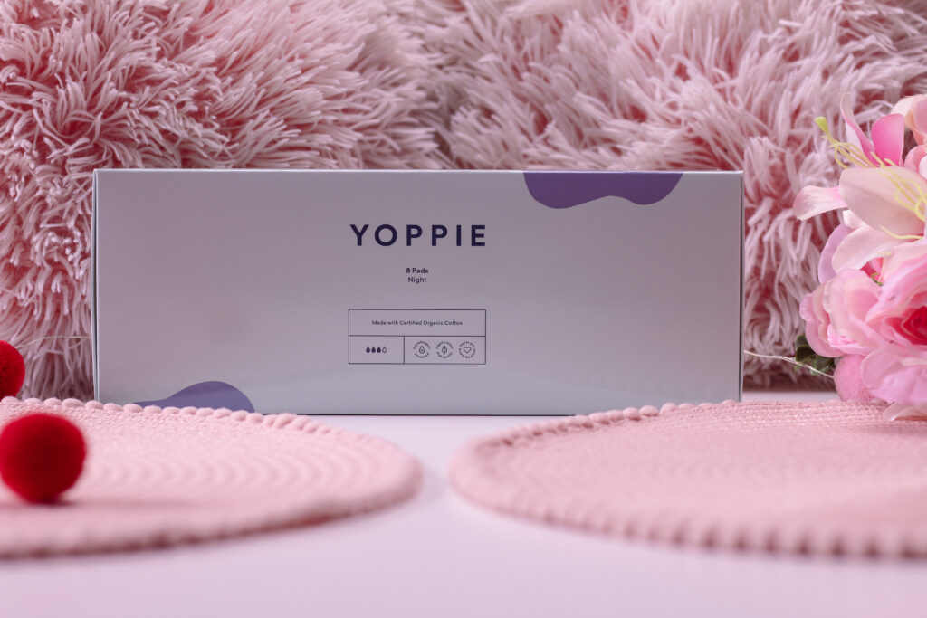 Close up photo of Yoppie box of 8 night pads