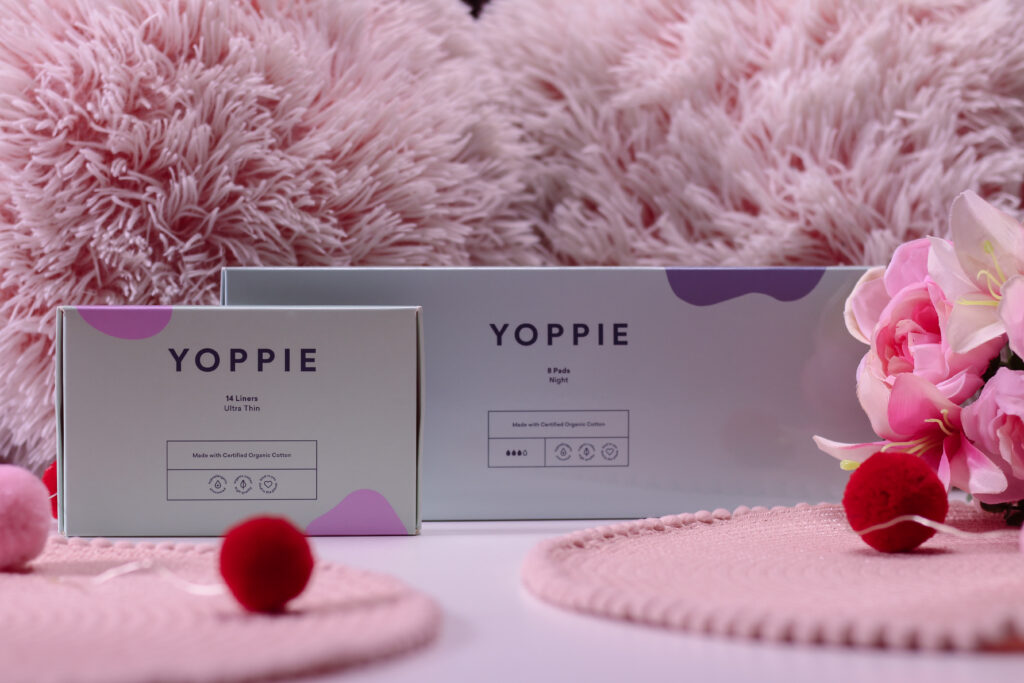Close up photo of Yoppie box of 8 night pads and 14 liners