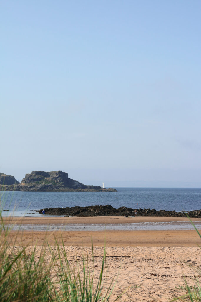 Wild Camping at Yellowcraigs beach in Scotland - Photo of the beach view from our camping area