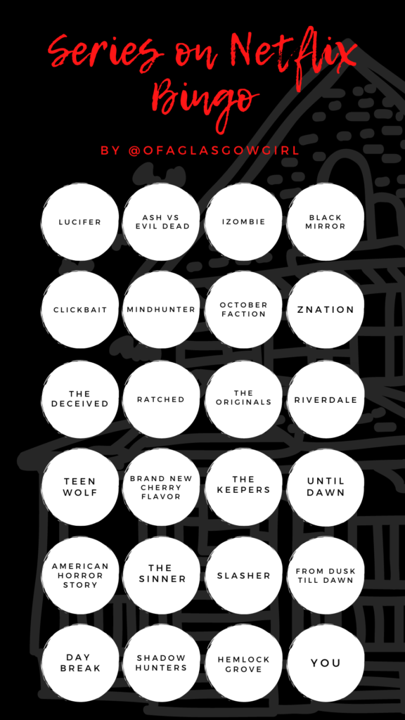 A black and white graphic with 24 TV Series that are on Netflix to watch this Halloween created by @ofaglasgowgirl