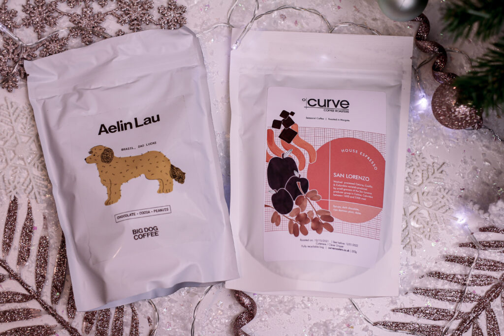 Birdseye view photo of the two coffee bags in the RiSE subscription box