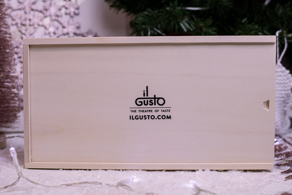 Close up of the wooden box that the Christmas Gift Tasting Gin Set comes in 