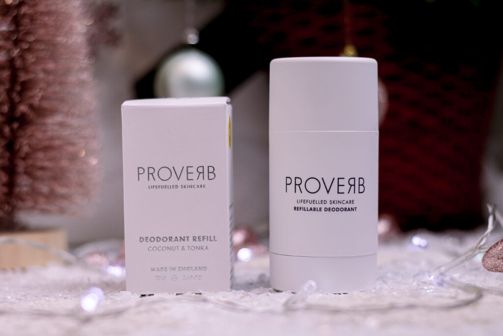 Close up of the Proverb refillable deodorant packaging 