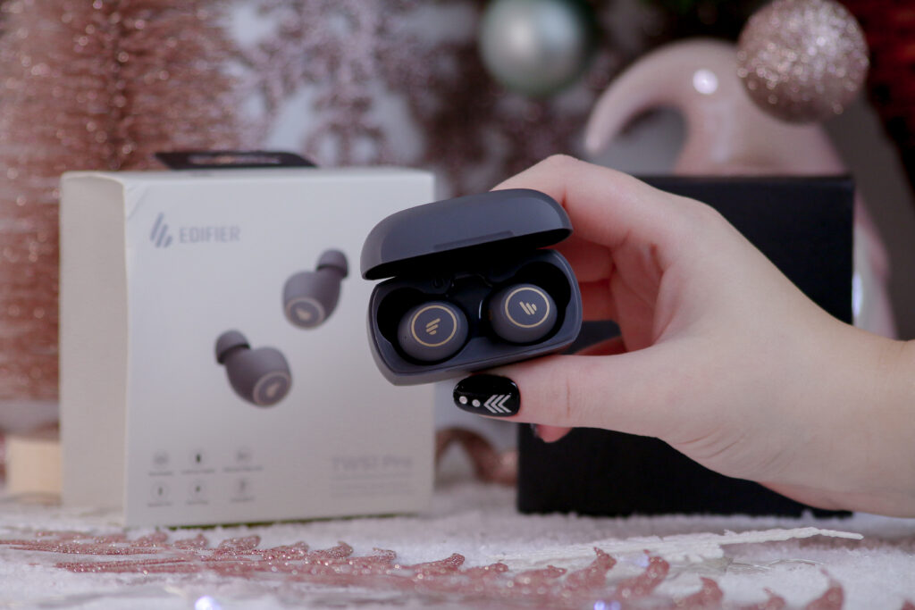 Close up photo of the Edifier TWS1 Pro True Wireless Stereo Earbuds in their case