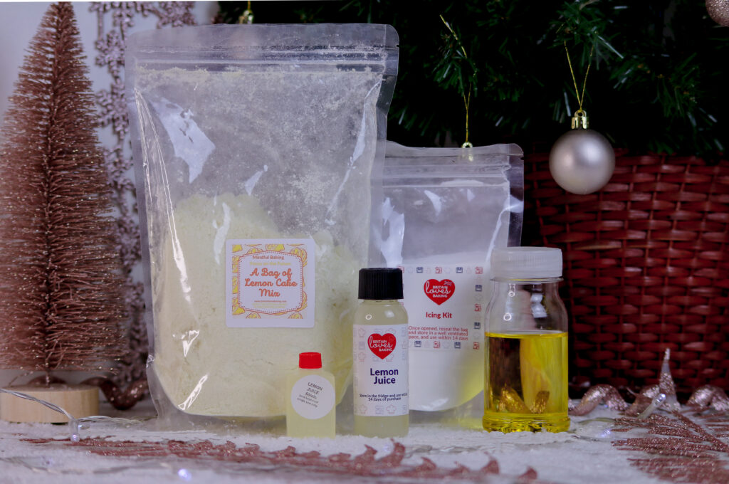 Close up photo of the ingredients from the Britain Loves Baking Lemon Drizzle box