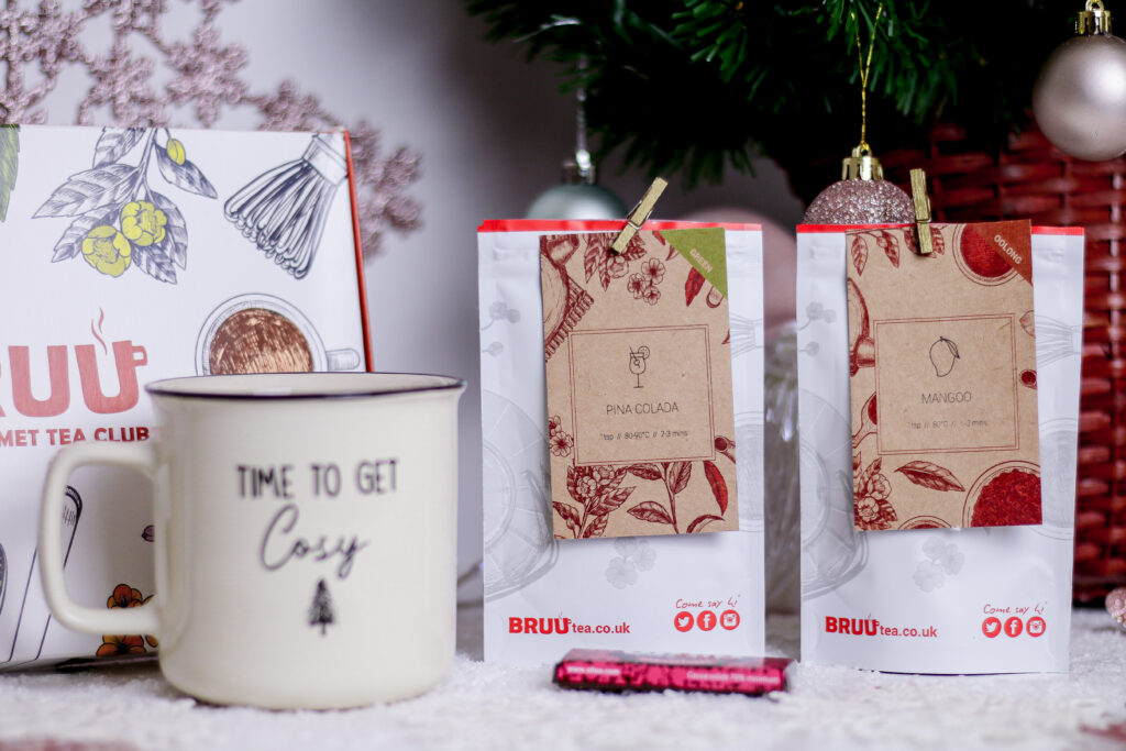Close up photo of two teas from BRUU and a mug