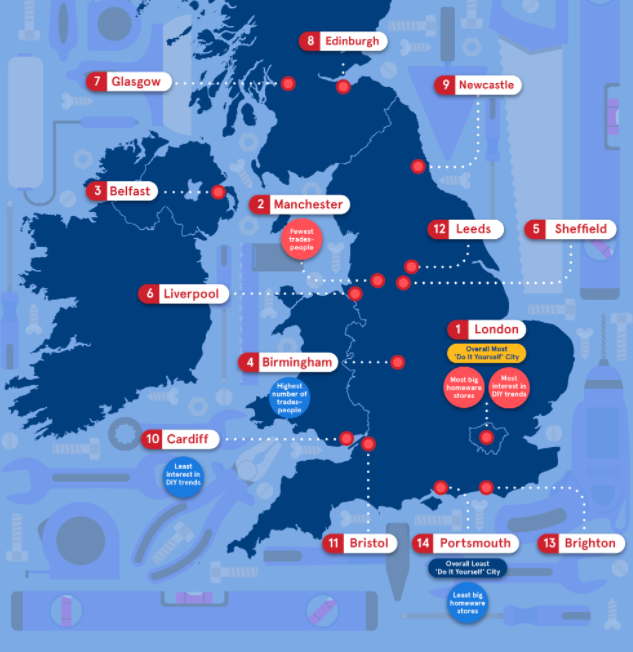 A graphic by Brandon Hire Station of the The UK’s Most Do It Yourself Cities