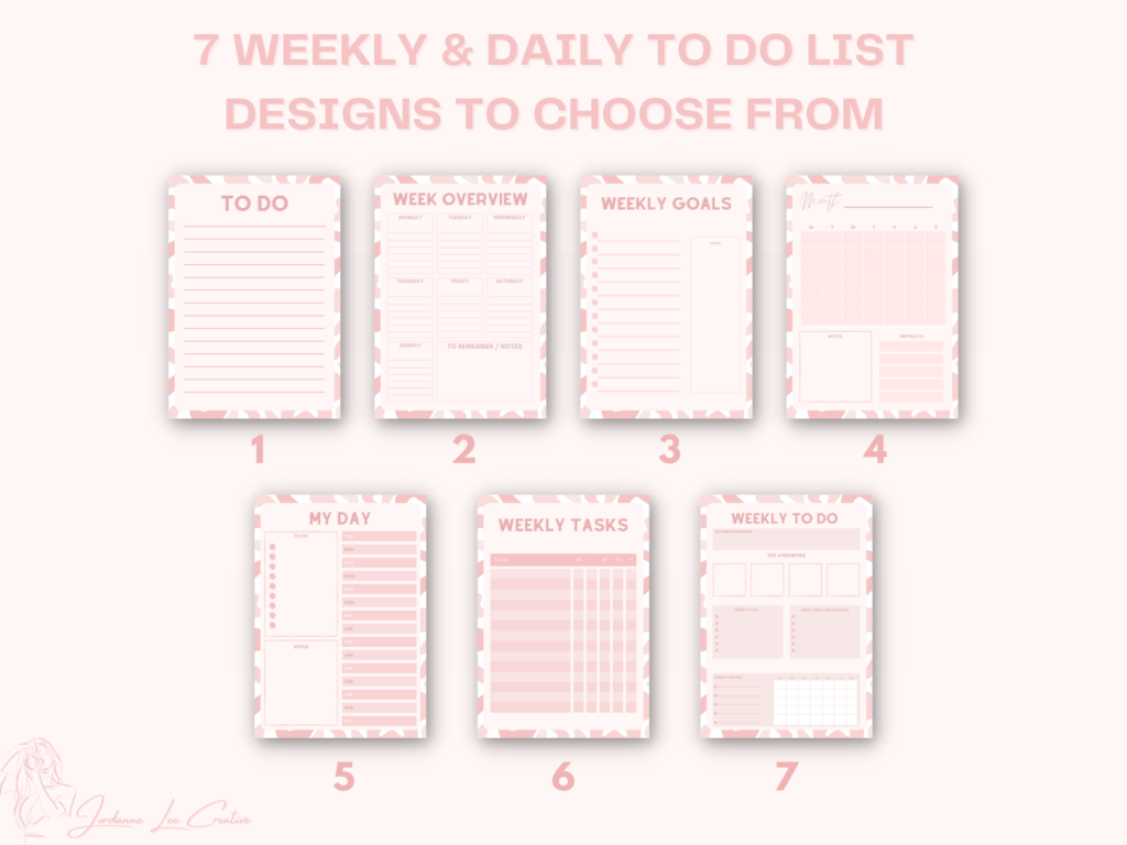A pink graphic showing the 7 designs from jordanneleecreative.gumroad.com Weekly & Daily To Do List pack