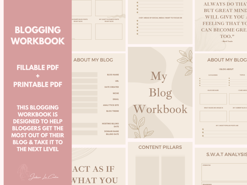 A graphic showing The Blog Workbook created by Jordanne at ofaglasgowgirl