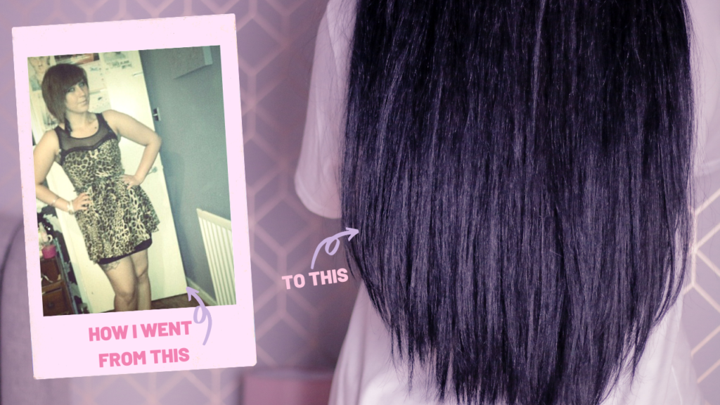 A graphic that has two photos of Jordanne's hair. One photo of when it was a pixie cut and light brown, and one with long, tail bone length black hair.