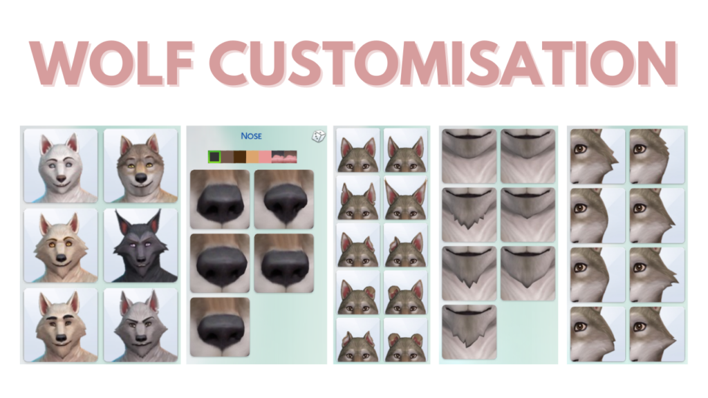 Graphic showing some of the wolf customisation options in The Sims 4 Werewolves