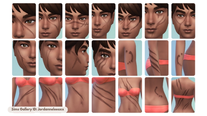 Graphic showing some of the CAS (create a sim) items in the scar section for your sims body for The Sims 4 Werewolves game pack for The Sims 4