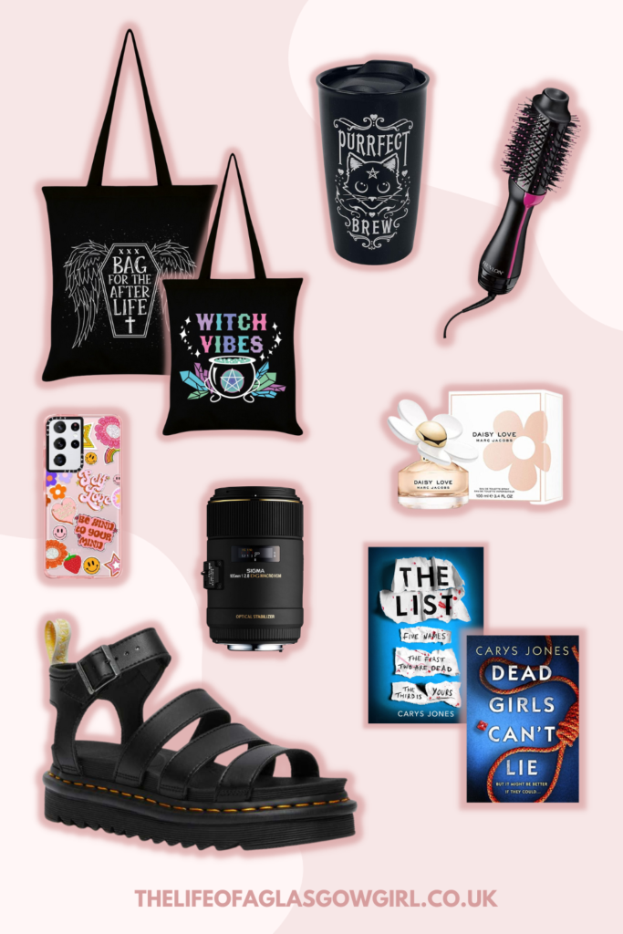 A pink graphic depicting items on my Birthday Wish list