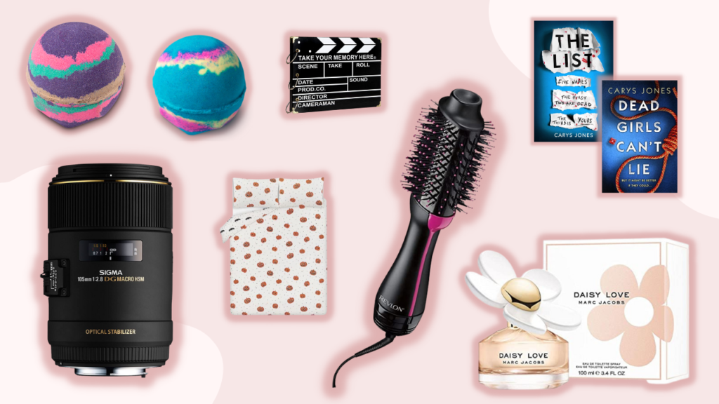A pink graphic depicting 9 items on my 30th Birthday wish list