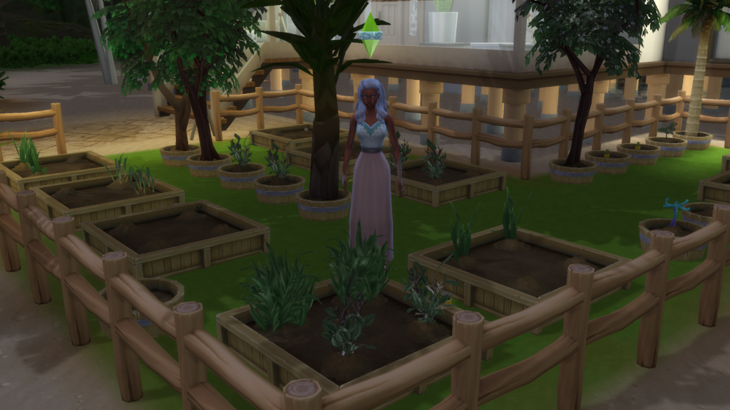 Screen grab of a sim planting flowers in a garden