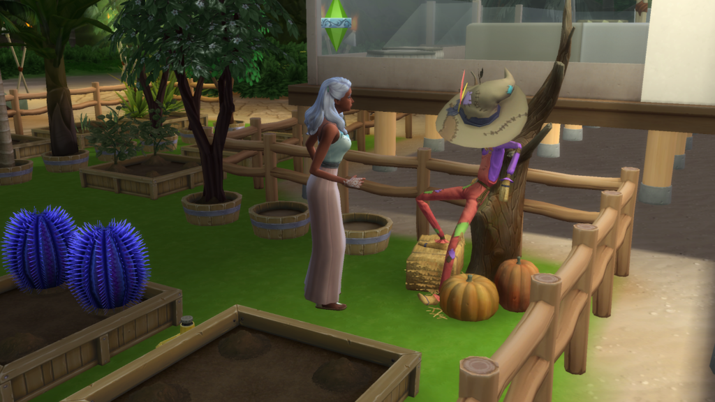 Screen grab of a sim talking to patchy in sims 4