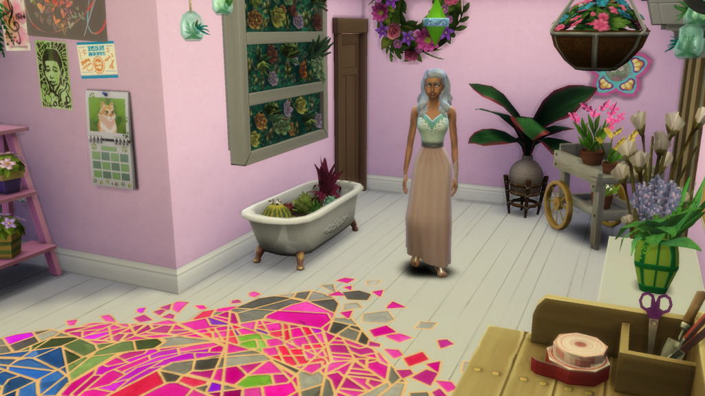 Screen grab of some game play from sims 4 - Sim standing in a room filled with flowers