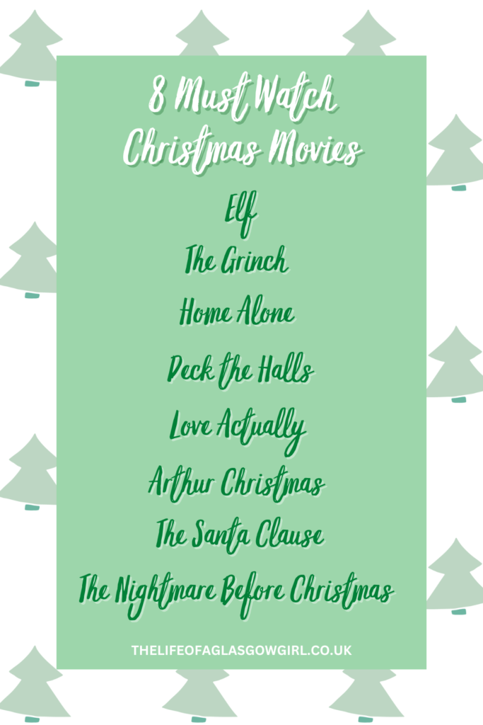A green and white graphic with white text reading "8 Must Watch Christmas Movies to watch at Christmas"