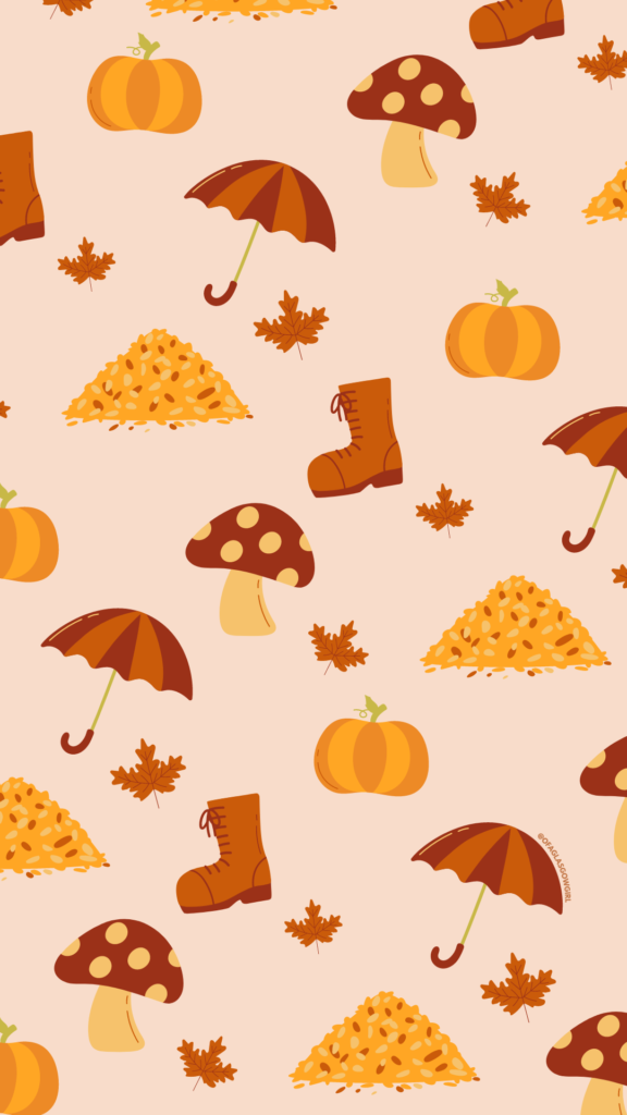 Free Autumn Phone Background - Autumn pattern with leafs, wellington boots, umbrella, pumpkin and mushroom