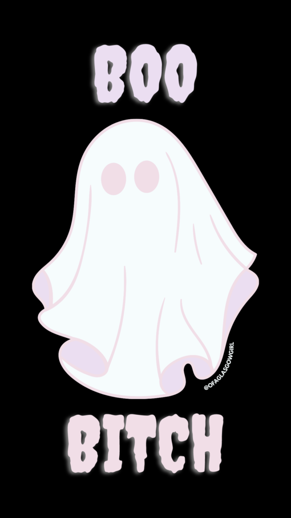 Free Halloween Phone Background - Black graphic with white and pale pink ghost that has pastel pink text reading "Boo Bitch"