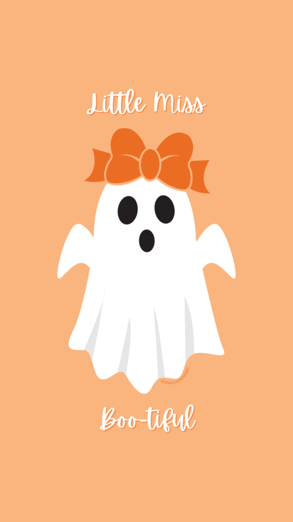 Pale orange graphic with white ghost wearing orange bow with white text reading "Little Miss Boo-tiful"