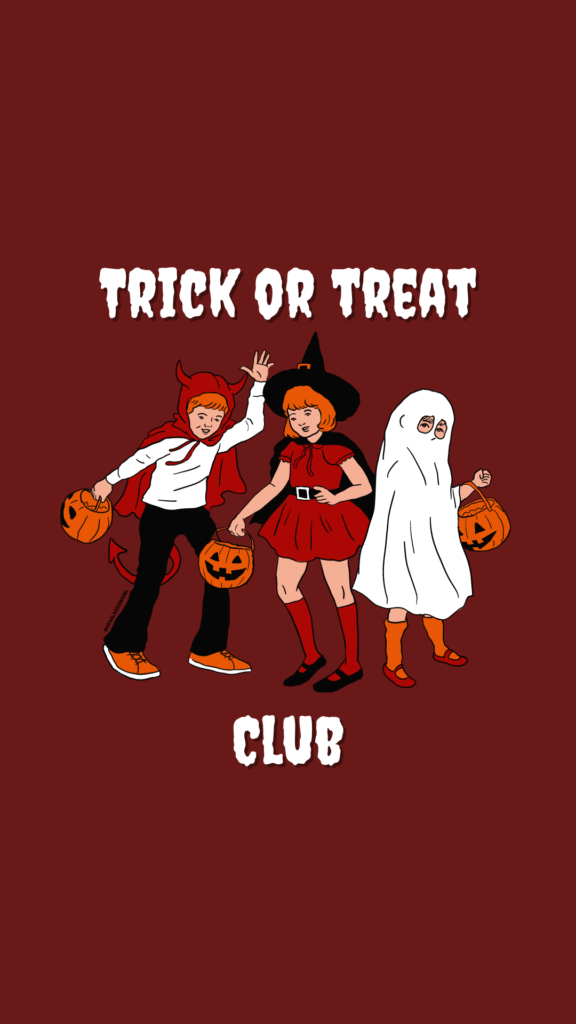 Free Halloween Phone Background - Red graphic with three children dressed up for Halloween and white text reading "Trick or Treat club"