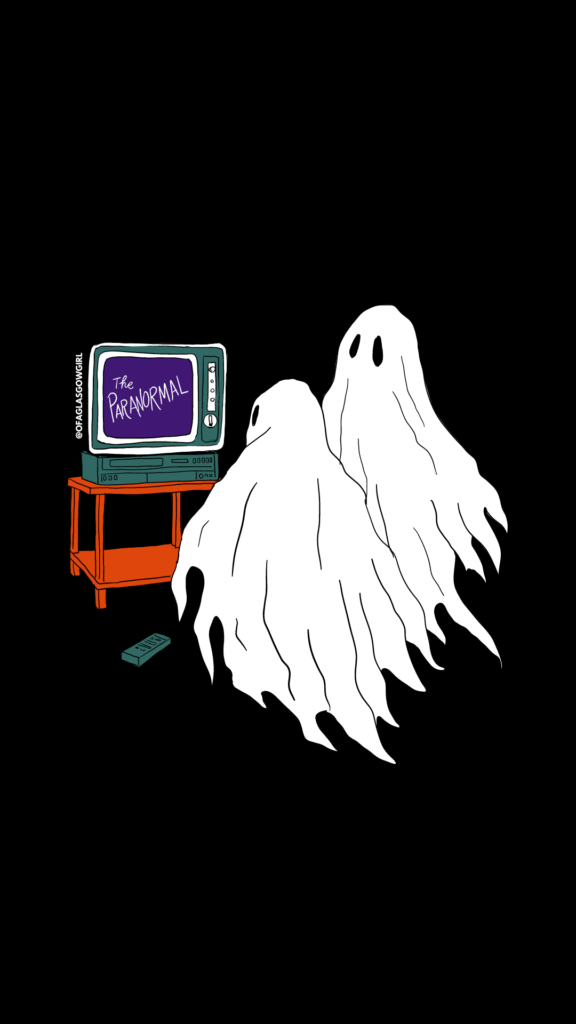 Free Halloween Phone Background - Black graphic with two white ghost's watching a TV that has a title screen reading "The Paranormal"