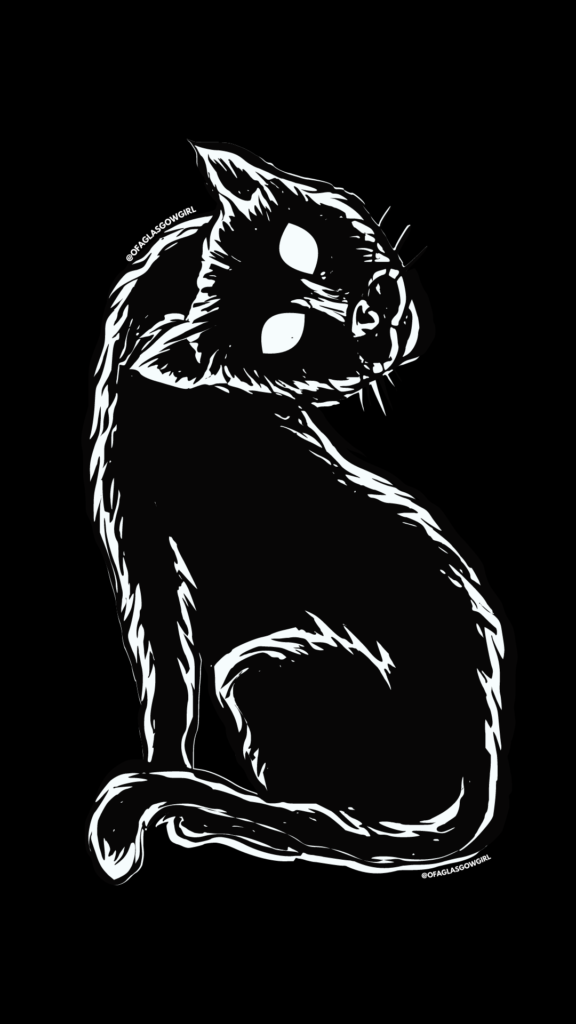 Black graphic with illustration of a cat with its head upside down