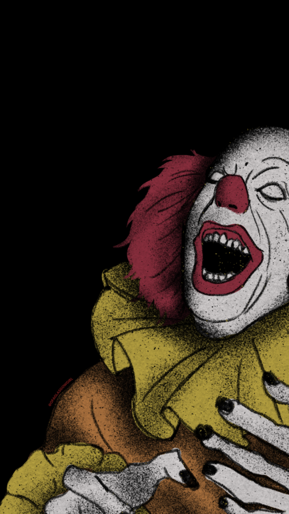 Black graphic with illustration of an evil clown