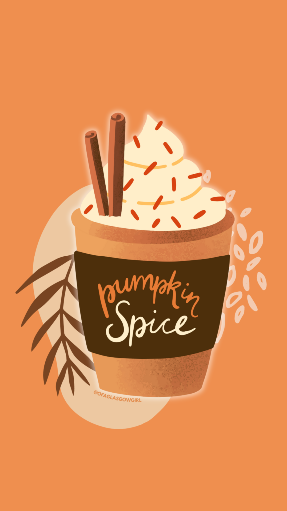 Free Autumn Phone Background - Orange background with graphic of a pumpkin spice drink
