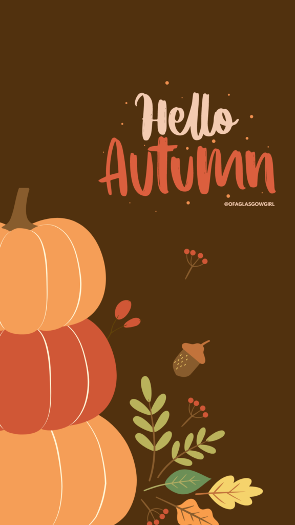 Free Autumn Phone Background - Brown graphic with three orange pumpkins and "Hello Autumn" in light beige text.