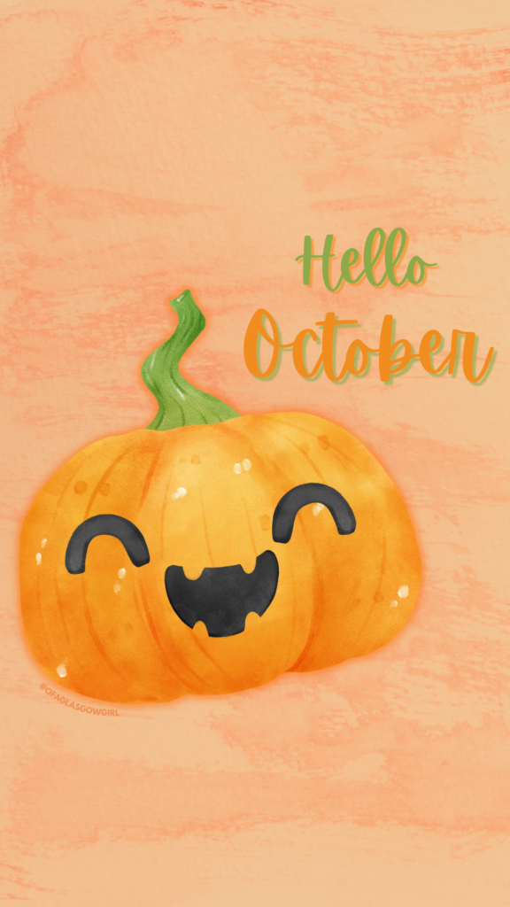 Free Autumn Phone Background - Orange graphic with a pumpkin smiling and green text reading "Hello October"
